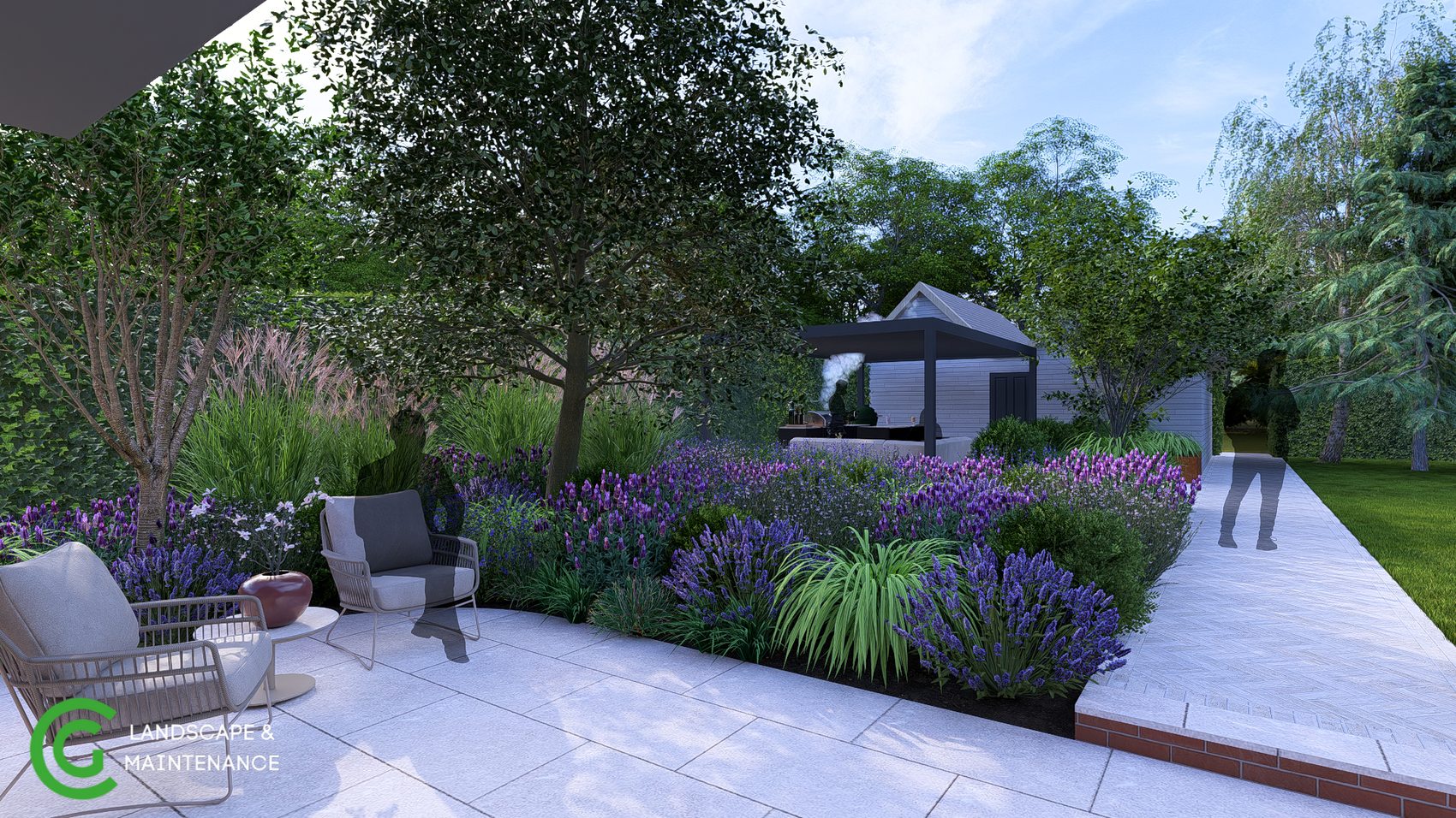 3D concept illustration showing planting, paths and outdoor seating