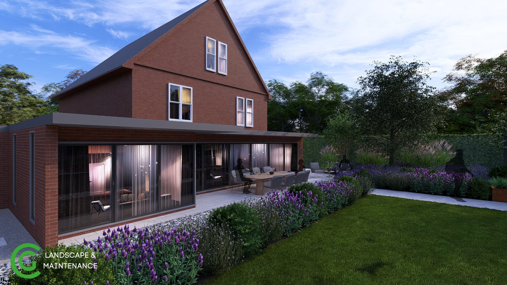 3D design of a contemporary garden, lawn and planted borders