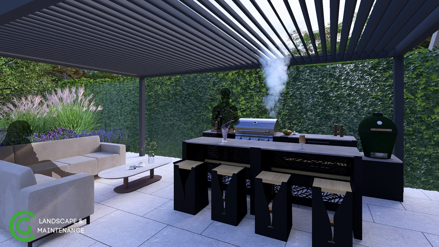 3D concept for shaded outdoor lounge and cooking area beneath a pergola