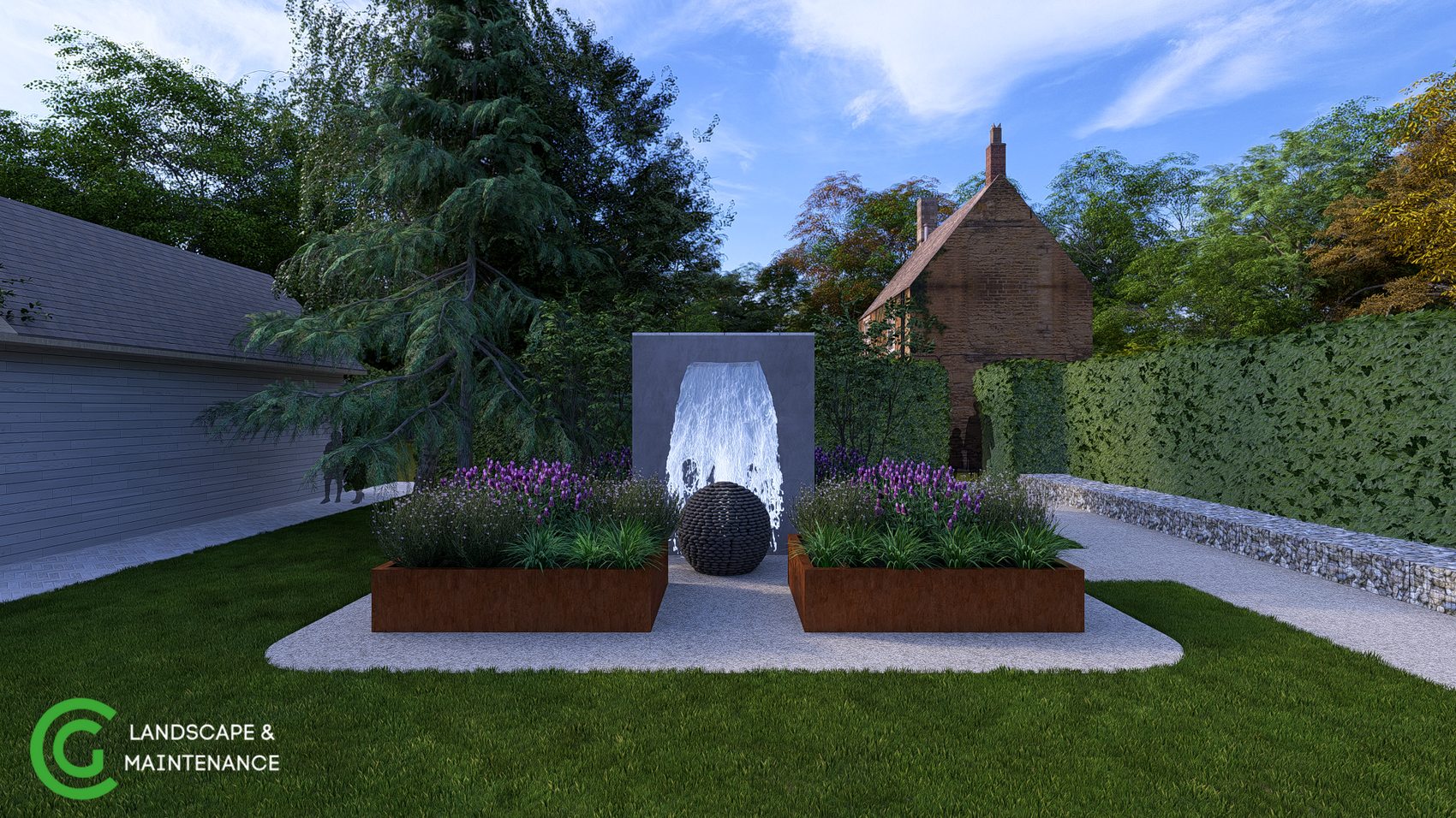 3D design for a central garden water feature and planting beds